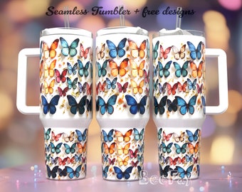 3D Butterflies 40oz Quencher Tumbler Wrap - Seamless PNG Tumbler Design Sublimation Designs Downloads - PNG Floral Tumbler Butterfly