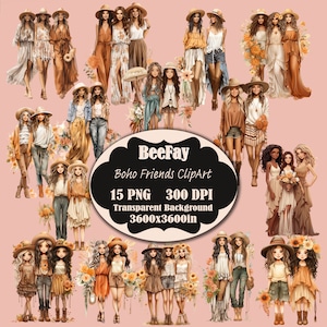 Boho Friends Clipart, Sisters PNG, Girlfriends Clipart, Best Friends PNG, Sublimation Designs, Clip Art