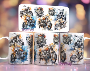 Motocicleta, motor, motor, bicicleta 12 onças e 15 onças embrulho de caneca de cerâmica / downloads de designs de sublimação de caneca PNG / embrulho de caneca / design de caneca