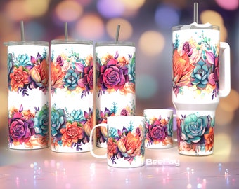 Succulents Flowers 20oz 40oz Tumbler Wrap/12oz 15oz Ceramic Mug /PNG Tumbler Sublimation Designs Downloads - PNG/ seamless design