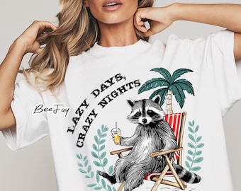 Raccoon PNG Lazy Days Crazy Nights Summer Shirt Design PNG Retro Summer Vibes Raccoon Drink Sarcastic PNG