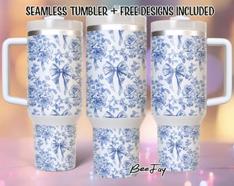 Blue Jacobean Flower Coquette Bow PNG Tumbler 40 oz Quencher Tumbler Wrap/PNG Tumbler Sublimation Designs Downloads - PNG/Seamless Design
