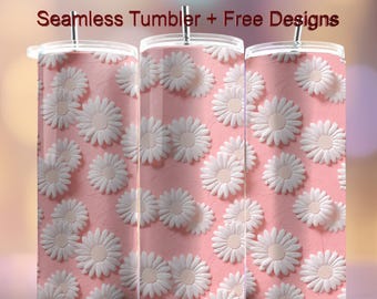 White Daisy Flower 20 oz Tumbler Wrap Seamless PNG Design Sublimation Designs Downloads 3D Floral Vintage Daisy Pastel Pink PNG