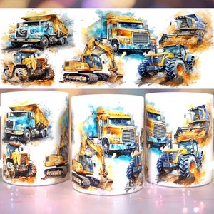 Puede incluir: Tazas de cerámica blanca con ilustraciones de acuarela de vehículos de construcción, incluyendo camiones volquete, excavadoras y tractores. Los diseños muestran vehículos amarillos, azules y naranjas, ideales para entusiastas de la construcción.