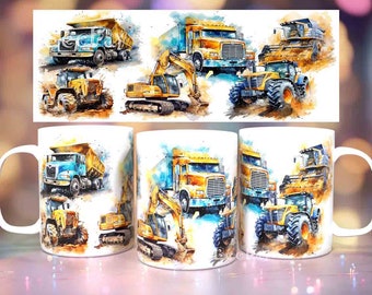Caminhão basculante, escavadeira, colheitadeira, envoltório de caneca de cerâmica de 12 onças e 15 onças / downloads de designs de sublimação de caneca PNG / envoltório de caneca / design de caneca