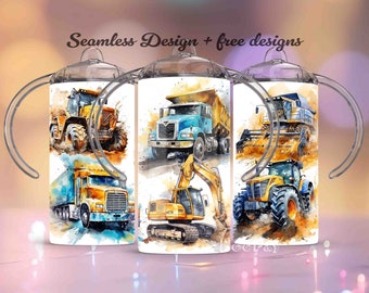 Dump Truck, Excavator, Combine Harvester, 12 oz Sippy cup tumbler Wrap/ PNG Sublimation Designs Downloads/ Sippy cup Wrap/ Sippy cup Design