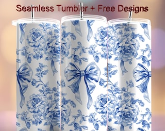 Jacobean Blue Coquette Bow 20 oz Tumbler Wrap Seamless PNG Design Sublimation Designs Downloads Chinoiserie Floral Vintage peony PNG