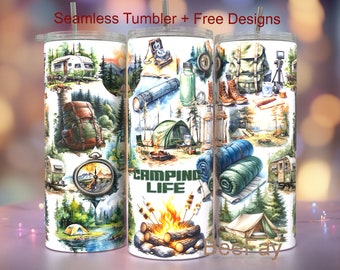 May include: Three seamless tumblers with camping-themed designs. The designs include illustrations of a tent, backpack, compass, campfire, and a vintage camper. The text "Camping Life" is visible on one of the tumblers. The tumblers have clear lids and straws.