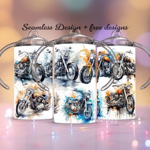 May include: Three stainless steel tumblers with lids and handles. Each tumbler features a different watercolour design of a motorcycle. The designs include orange, blue, and black motorcycles.