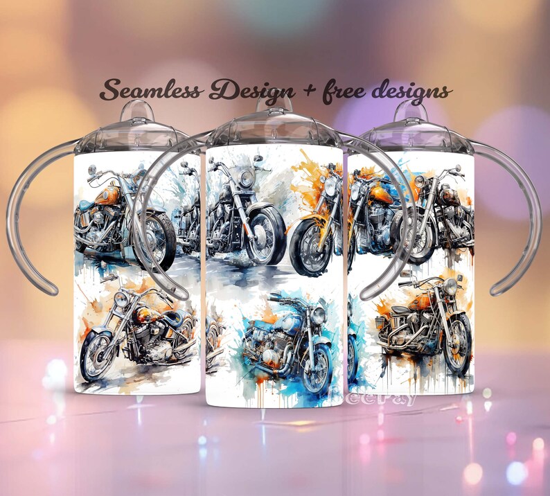 May include: Three stainless steel tumblers with lids and handles. Each tumbler features a different watercolour design of a motorcycle. The designs include orange, blue, and black motorcycles.
