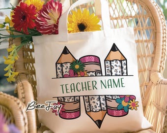 Personalized Teacher Tote Bag PNG, Teacher Name with Flowers and Pencils Design Retro Teacher Pencil Png, Leopard Spots Teacher Png, cheetah