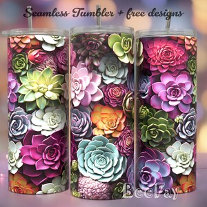 3D Succulent Flowers, Flower Design for 20oz Tumbler Wrap / PNG Tumbler Sublimation Designs Downloads / Seamless Design /Skinny Tumbler Wrap image 1