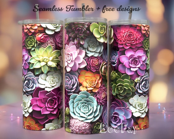 3D Succulent Flowers, Flower Design for 20oz Tumbler Wrap / PNG Tumbler Sublimation Designs Downloads / Seamless Design /Skinny Tumbler Wrap