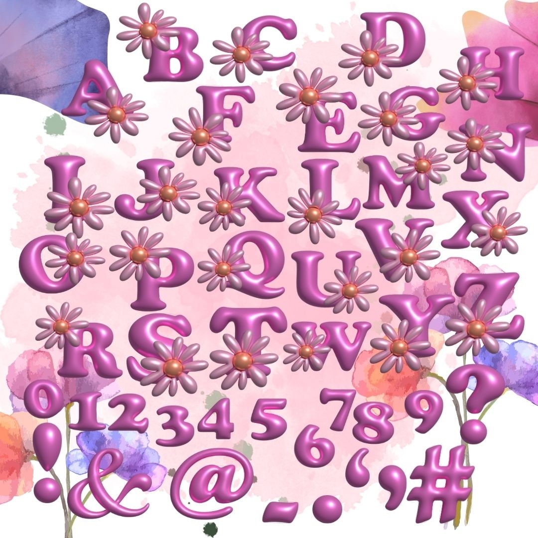 3D Bubble Daisy Flower Alphabet PNG Digital Download, 3D Bubble Letter