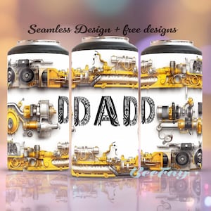 May include: Three white insulated tumblers with a black lid and a design of yellow and silver gears and the word "DADDY" in black letters.