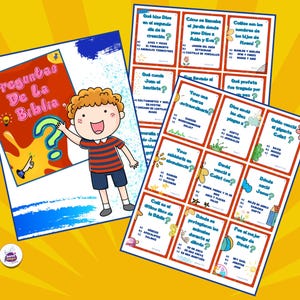 May include: A set of colorful cards with questions about the Bible in Spanish. The cards feature illustrations of various biblical scenes and characters. The cards are designed for a game or activity.