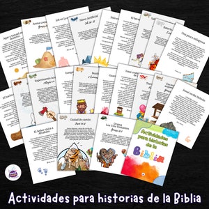 Op de afbeelding: Een set kleurrijke kaarten met illustraties en tekst in het Spaans. De kaarten bevatten activiteiten voor kinderen om Bijbelse verhalen te leren kennen. De kaarten zijn getiteld "Actividades para historias de la Biblia".