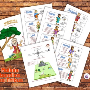 May include: A printable educational activity for children featuring colorful illustrations of the 12 tribes of Israel. The activity includes a map of the tribes, a compass, and a word search. The text on the page reads "Moisés Bendice a las Tribus de Israel."