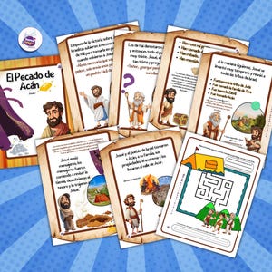 May include: A collection of illustrated educational materials, including a book titled "El Pecado de Acán" and several pages with text and drawings. The pages feature biblical scenes and characters, with a maze activity. The background is a blue dotted pattern.