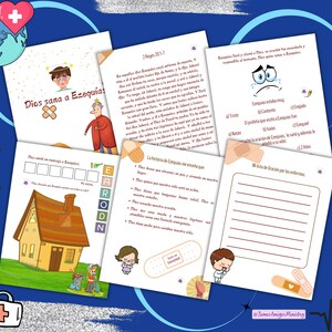 Op de afbeelding: Een printbaar activiteitenboekje voor kinderen met een verhaal over genezing en een gebed voor zieken. Het boekje bevat een woordzoeker, een invul-activiteit en ruimte om een gebed te schrijven. Het boekje is geïllustreerd met kleurrijke cartoonfiguren en afbeeldingen.