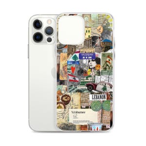 May include: A phone case featuring a collage of images relating to Lebanon. The case has a vintage aesthetic with images of buildings, landscapes, and cultural symbols. The text "Ya'aburnee" and "Lebanon" are visible on the case.