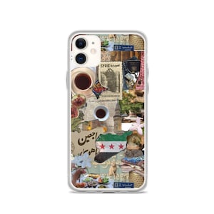 May include: A phone case with a collage of images related to Syria. The collage includes a map of Syria with the Syrian flag, a cup of coffee, a building, and the Arabic text "أحبّك" which means "I love you".