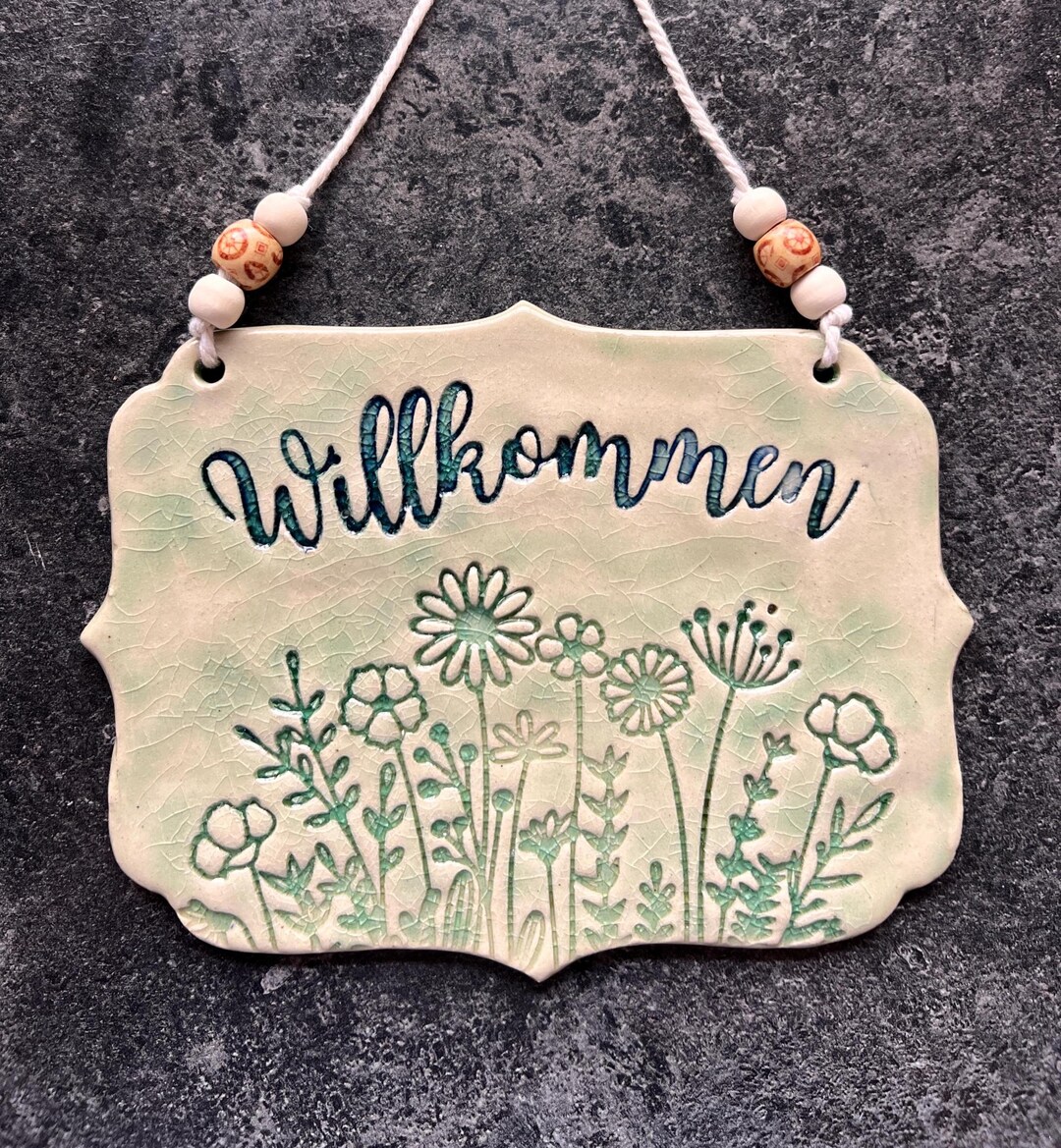 Ceramic "welcome" Sign With Flower Meadow and String With Wooden Beads ...