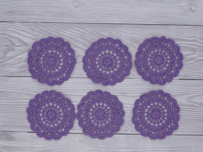 Crochet doilies, set of 6 around 9 cm, decorative doilies, colored, artificial crochet, beautiful Flieder