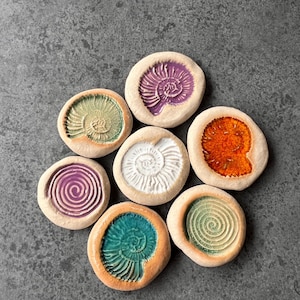 Könnte beinhalten: Sieben Keramiksteine mit Spiral- und Muscheldesign in verschiedenen Farben wie Lila, Grün, Orange, Türkis und Weiß. Die Steine sind in einem kreisförmigen Muster auf einem neutralen Hintergrund angeordnet. Jeder Stein hat einen Durchmesser von ca. 5-7 cm.