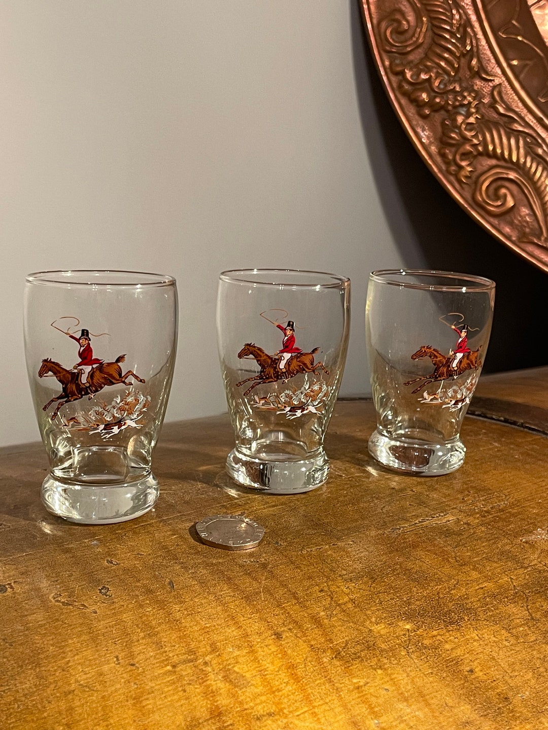 Vintage Shot Glasses Gold Rimmed With Hand Painted Hunting Scene 1970s