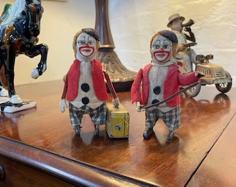Rare c.1920s Schuco Tin Wind-up Travelling Suitcase Clown and monkey  Tinplate only 2 left