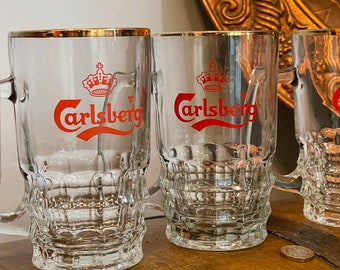 Vintage 1960's Carlsberg Beer Red Crown Logo Mug / Glass w/ Gold Rim X 6 beautiful condition