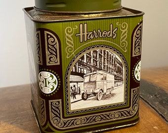 Classic Harrods English Tea London Empty Tin 4.4 oz Green  and Gold Vintage