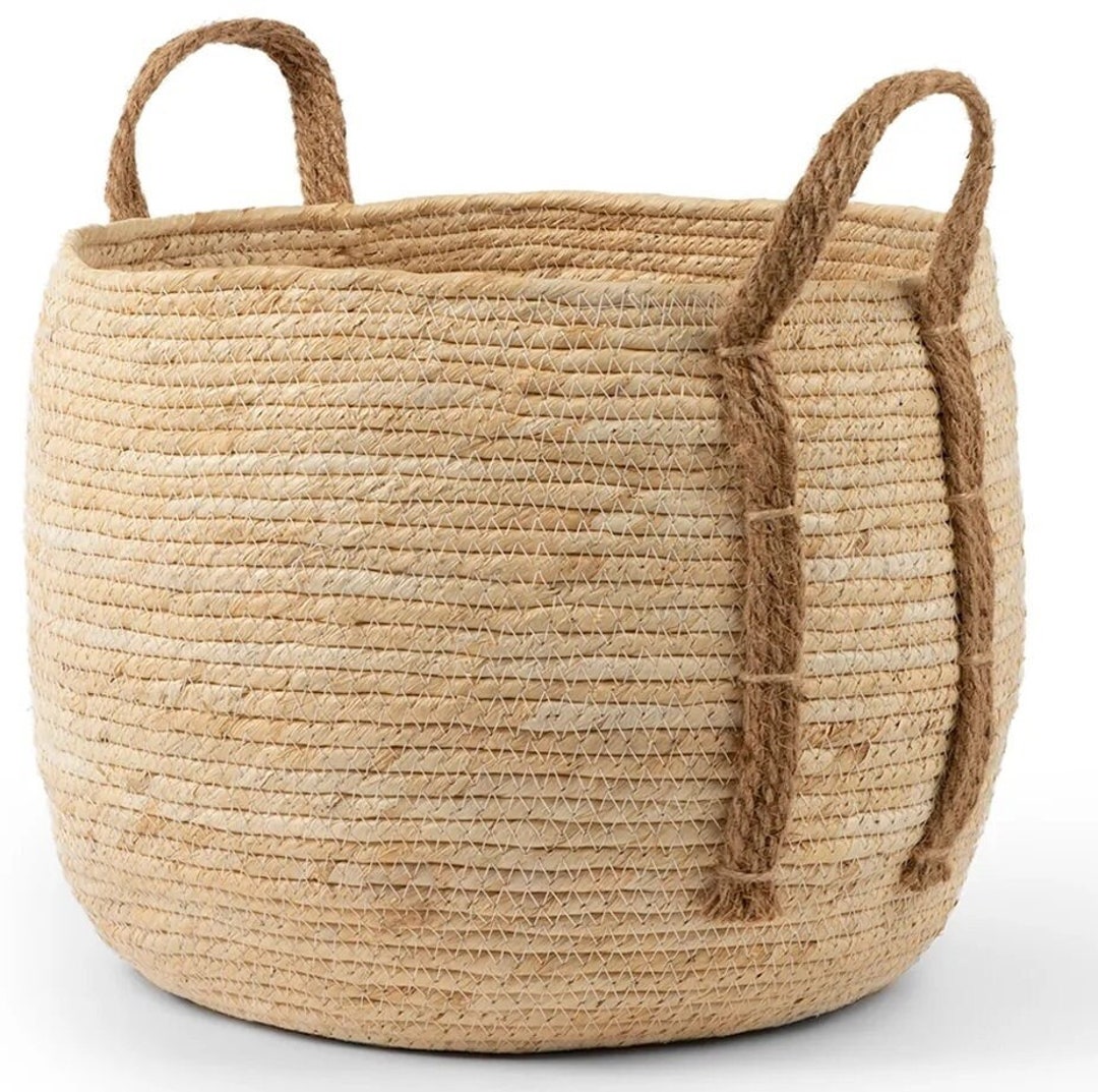 Natural Woven Basket With Hemp Handles Round Basket With Etsy