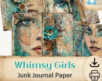 Whimsy Girls Mixed Media, Junk Journal Pages, Digital Download Printable PDF and JPEG, Journaling and Paper Craft