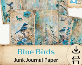 Blue Birds Mixed Media, Junk Journal Pages, Teal Printable Papers, Journaling Paper Craft