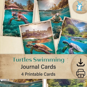 Tortugas marinas nadando, 5 tarjetas imprimibles, Efímera de diario basura, Diario basura del océano, Regalo para amantes de las tortugas, JJ0057