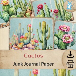 Páginas de diario basura de cactus, documentos de descarga digital imprimibles, artesanía en papel de diario, diario de viajes del suroeste