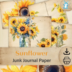 Sunflower Junk Journal Pages, Printable Digital Download Papers, Journaling Paper Craft,