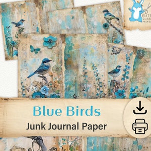 Blue Birds Mixed Media, Junk Journal Pages, Teal Printable Papers ...