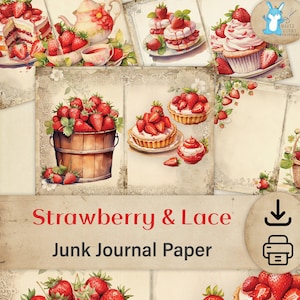 Pages de journal indésirables fraises et dentelle, papiers imprimables en téléchargement numérique, créations artisanales en papier pour journalisation, cadeau pour la fête des mères