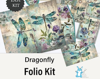 Junk Journal Folio Dragonfly Teal + Purple, Junk Journal Kit, Ephemera, Printable Folio, Digital Collage, Shabby Chic Scrapbooking JJ0059