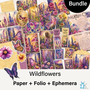 Fleurs sauvages à l'aquarelle, lot de journaux indésirables. Maximalist, couleurs arc-en-ciel vibrantes, imprimable, éphémères + cartes ATC + folio simple, JJ0057