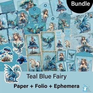Junk Journal Bundle - Teal Blue Fairy + Eenhoorn + Draak + Feniks + Bloemen,, Afdrukbaar, Ephemera + ATC Cards + Simple Folio, JJ0057
