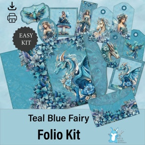 Folio - groenblauwe fee + eenhoorn + draak + feniks + bloemen, eenvoudige eenvoudige junk-journaalkit, afdrukbare papierkunst, JJ0057