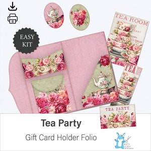 Fólio de diário de lixo para festa de chá, porta-cartão de presente, flores e xícaras de chá, artesanato de papel para aniversário ou mãe ou amante de chá ou festa de chá