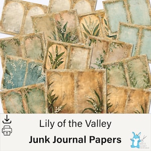 Lelietje-van-dalen-junkjournaal, bloem geboorte mei, lelietje-van-dalen, afdrukbaar papier, plakboek, kunstdagboek, digitale collage JJ0062