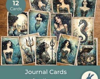 May include: A set of 12 journal cards featuring dark mermaid illustrations with black hair, corsets, and underwater scenes including a seahorse, a trident, and a treasure chest. The cards have a vintage paper aesthetic with aged edges.