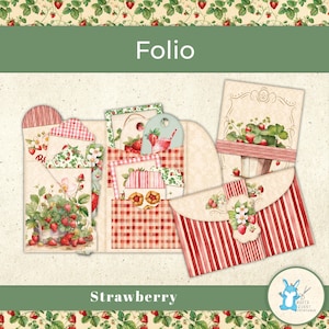 May include: A strawberry-themed folio with various paper elements. The design incorporates red and white striped and gingham patterns, strawberry illustrations, and the word "Folio" at the top. The word "Strawberry" is at the bottom.