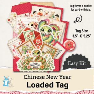 Etiqueta carregada, etiquetas de bolso, ano novo chinês + 2025 + cobra, artesanato em papel para impressão, kit fácil, diário de lixo + scrapbooking, digital, JJ0126
